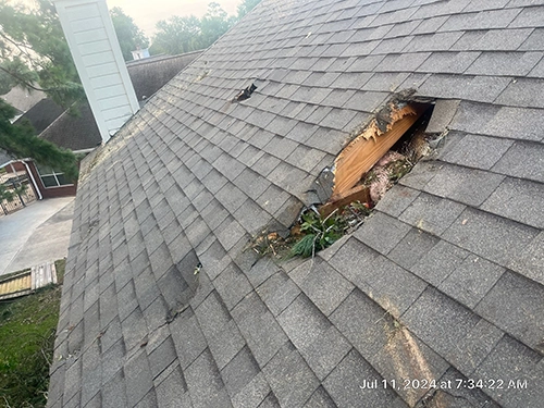 Precision Roof Crafters Roof Storm Damage Before Repair Work In Humble Texas